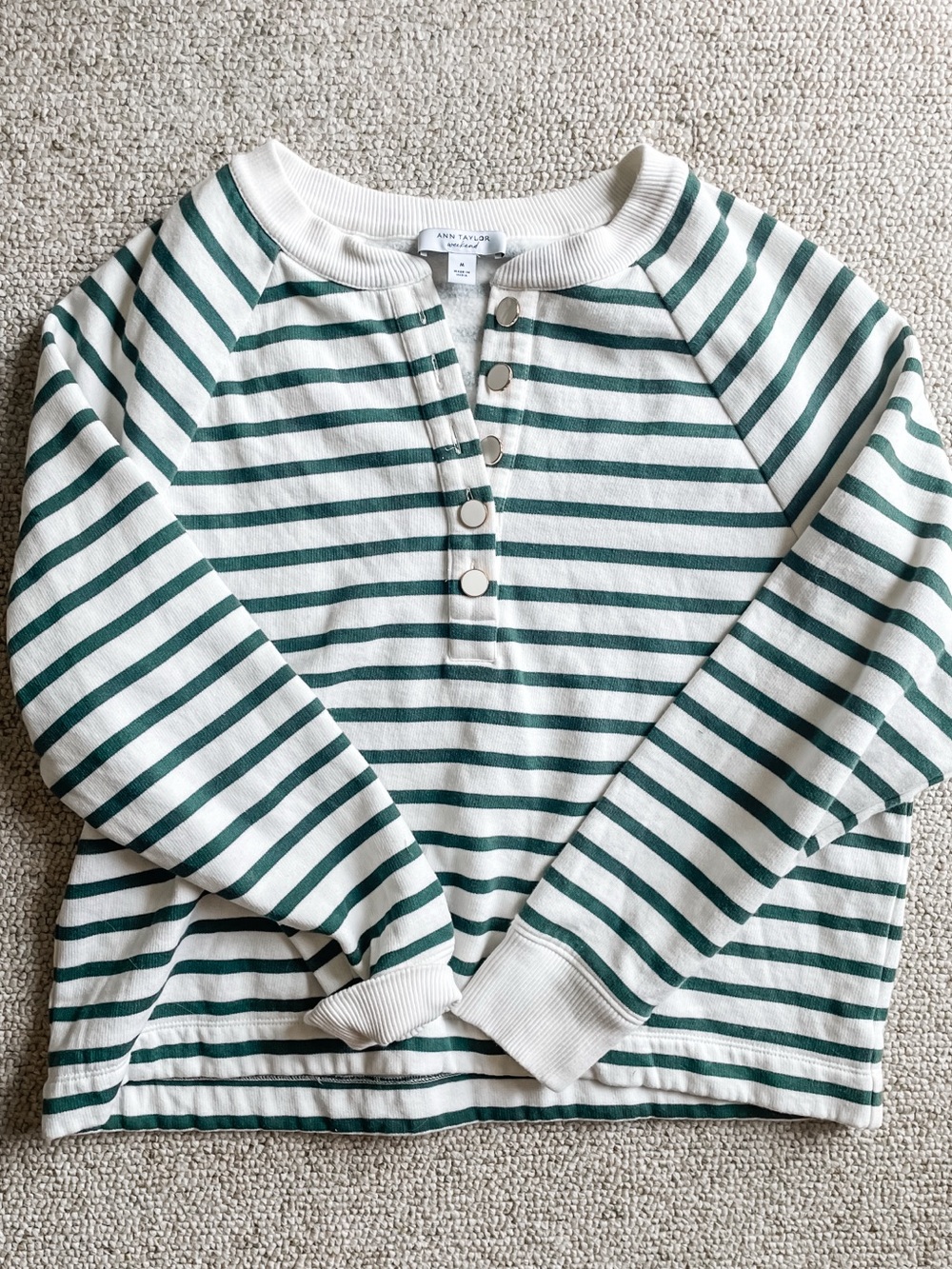 Ann Taylor Green Stripe Henley Sweatshirt